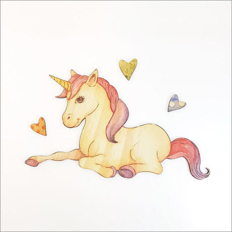 Pine wall art featuring a whimsical unicorn design, measuring 29cm, made from eco-friendly pine veneer. Perfect for kids' rooms.