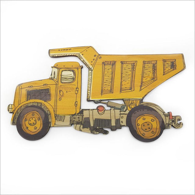 Vibrant dump truck wall art for kids, crafted from eco-friendly pine veneer, perfect for nurseries and playrooms.