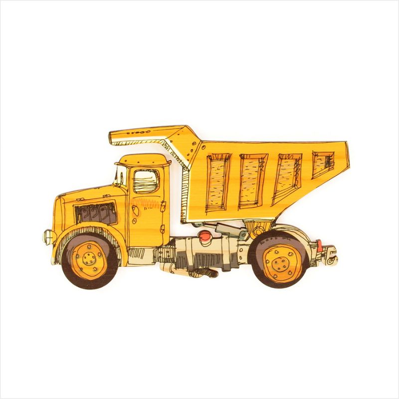 Colorful dump truck wall art made from eco-friendly pine veneer, perfect for kids' rooms or playrooms.