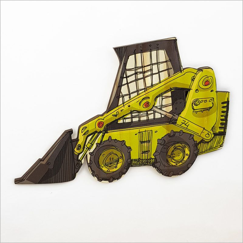 Kids wall art featuring a vibrant skid loader design on eco-friendly pine veneer, perfect for inspiring creativity in children's rooms.