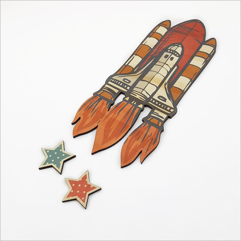 Pine Wall Art featuring a 27cm Space Shuttle and decorative stars, crafted from eco-friendly pine veneer. Perfect for kids' rooms.