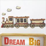 Colorful pine wall art featuring a whimsical kids train set, perfect for inspiring creativity in children's rooms.