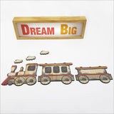 Charming eco-friendly pine wall art featuring a colorful kids train set, perfect for inspiring imagination in children's rooms.