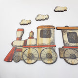 Charming pine wall art depicting a kids' train set, designed to inspire creativity and imagination in children's spaces.