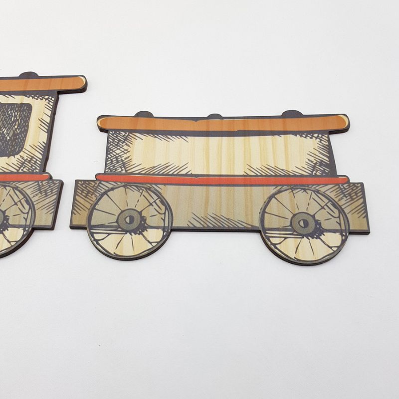 Pine wall art featuring a charming train motif, perfect for inspiring creativity in kids' rooms or playrooms.