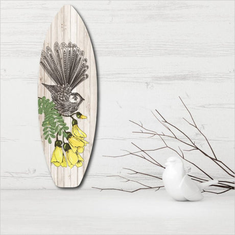 Ply Surfboard Art featuring a Zentangle fantail design, eco-friendly wood, ready to hang, 50cm long, perfect for beach decor.