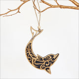 Elegant black satin dolphin ornament made from laser-cut bamboo and satin acrylic, perfect for marine decor enthusiasts.