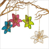 Teal satin acrylic Lily ornament, laser-cut bamboo, perfect for home decor or seasonal accents, comes ready to hang.