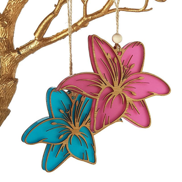 Pink satin acrylic hanging ornament shaped like a lily, featuring laser-cut bamboo accent, perfect for festive decor.