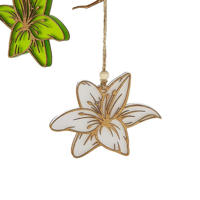 Vibrant lime green satin acrylic hanging ornament in a lily design, perfect for festive decor or thoughtful gifting.