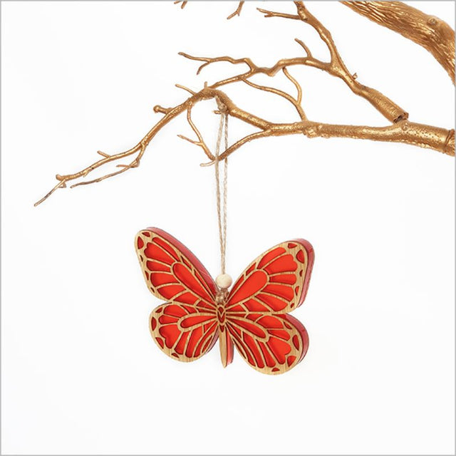 Vibrant orange satin acrylic Monarch Butterfly ornament, ideal for home decor, measuring 110mm x 78mm. Perfect gift option.