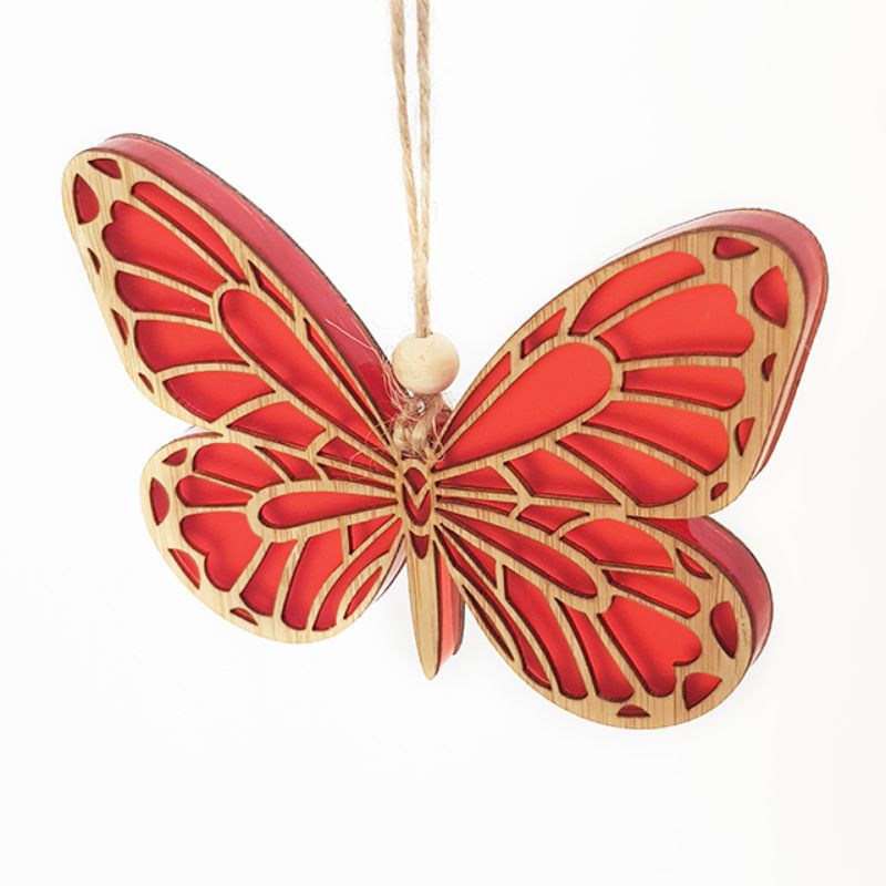 Vibrant orange satin acrylic hanging ornament depicting a detailed Monarch butterfly, perfect for home decor.