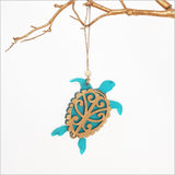 Hanging turtle ornament made of eco-friendly bamboo and teal satin acrylic, perfect for home decor and gifting.