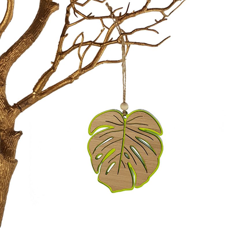 Lime green satin acrylic Monstera hanging ornament, blending contemporary design with tropical elegance for vibrant home decor.