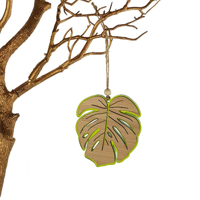 Lime green satin acrylic Monstera hanging ornament, blending contemporary design with tropical elegance for vibrant home decor.