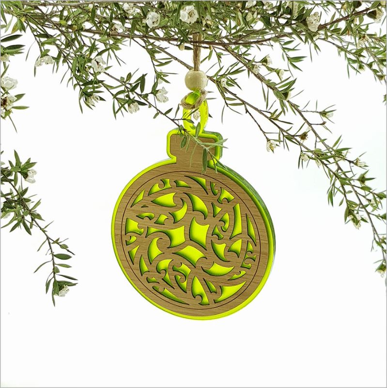 Lime green satin acrylic hanging ornament, laser-cut bamboo, 80mm x 110mm, perfect for festive decor and gifting.