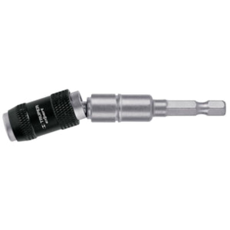 Screwdriver bit quick change adaptor with angled head, durable chrome vanadium steel, perfect for tight spaces and quick bit changes.