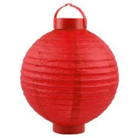 Bright red 20cm paper lantern with LED light, perfect for weddings and parties, battery-powered and portable.