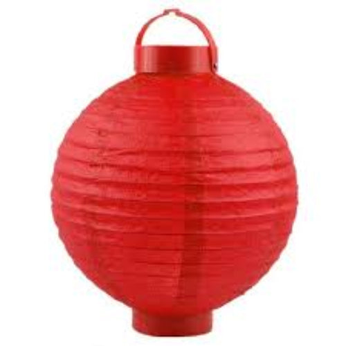 Bright red 20cm paper lantern with LED light, perfect for weddings and parties, battery-powered and portable.