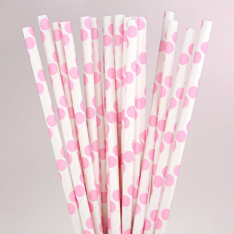 Light pink polka dot paper straws, 20cm long, eco-friendly, 120 units, perfect for parties and reducing waste.