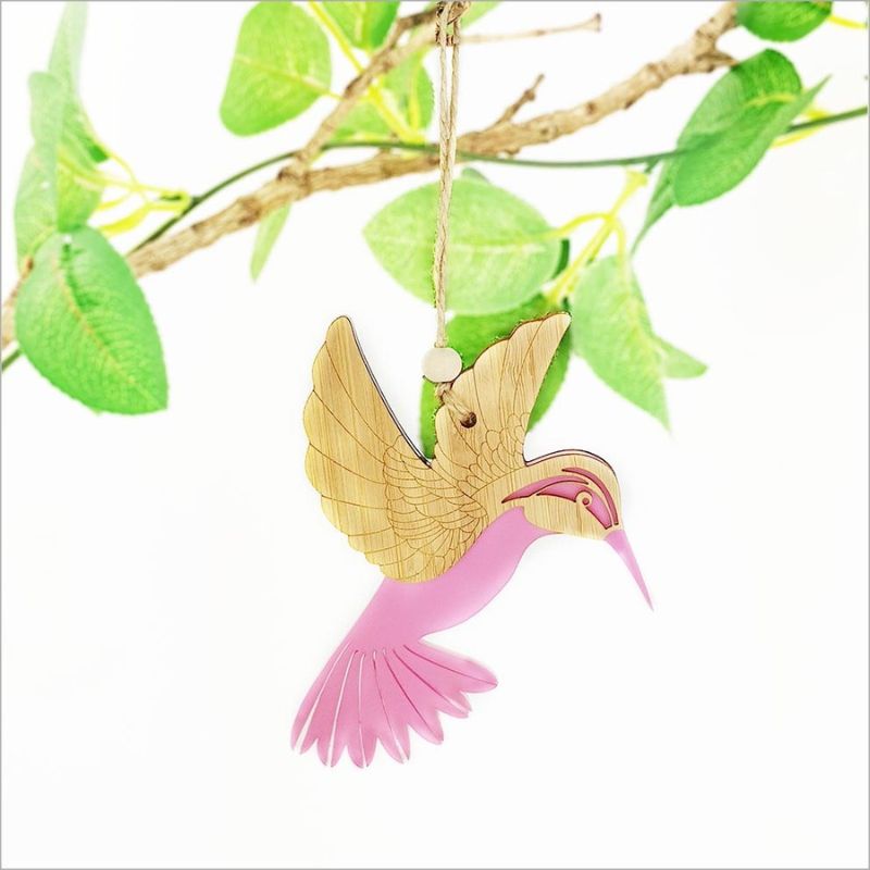 Pink satin acrylic hummingbird hanging ornament, combining elegance and earthiness, perfect for home decor or gifts.