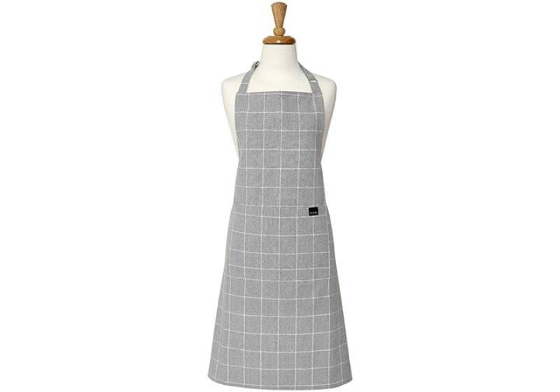 Eco Check Grey Apron - Set 2 featuring a stylish check design, made from recycled fabric with adjustable straps and a front pocket.