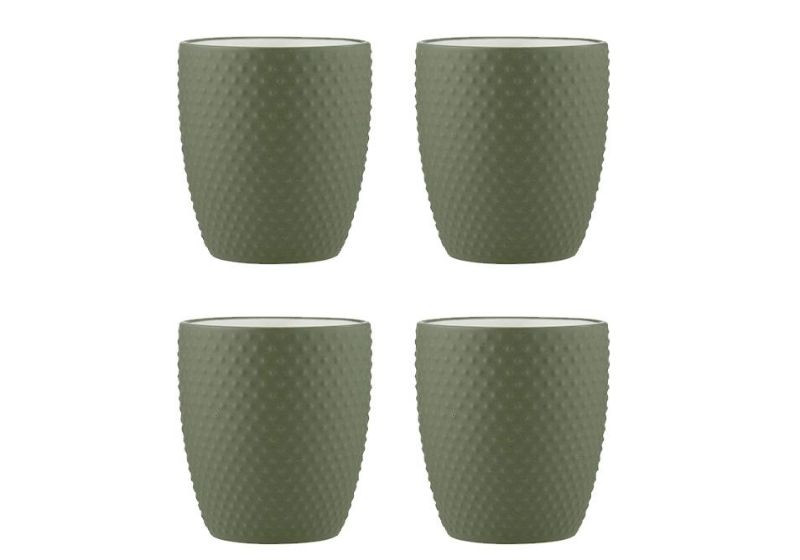 Set of 4 Abode Textured Sage Tumblers in porcelain, featuring a matte dimpled exterior and glossy white interior for elegant dining.