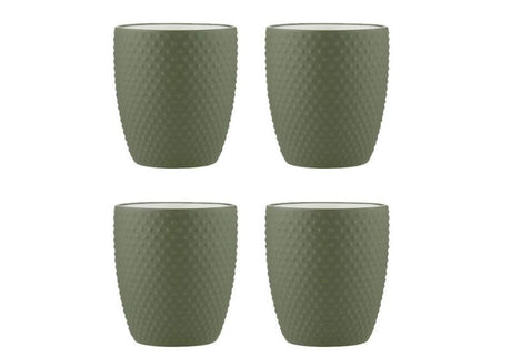 Set of 4 Abode Textured Sage Tumblers in porcelain, featuring a matte dimpled exterior and glossy white interior for elegant dining.