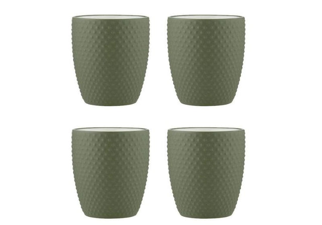 Set of 4 Abode Textured Sage Tumblers in porcelain, featuring a matte dimpled exterior and glossy white interior for elegant dining.