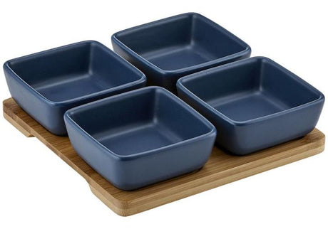 Elegant navy 4 bowl set with a wooden tray, perfect for serving dips and snacks during stylish gatherings.