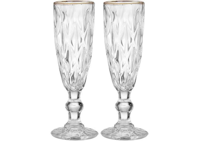 Elegant Ezra Clear 2pk Champagne Glass set with gold rimming, perfect for toasting special occasions and stylish entertaining.