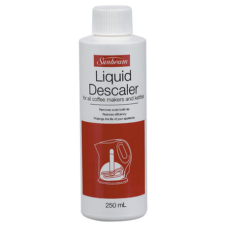 Bottle of Sunbeam Liquid Descaler (250ml) designed to remove limescale and prolong appliance lifespan.