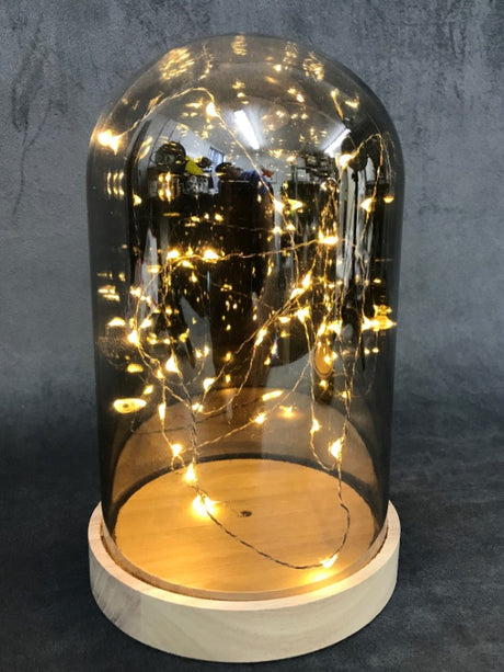20 cm glass dome with warm LED lights, perfect for showcasing decor and enhancing home ambiance. Ideal for gifts or personal use.