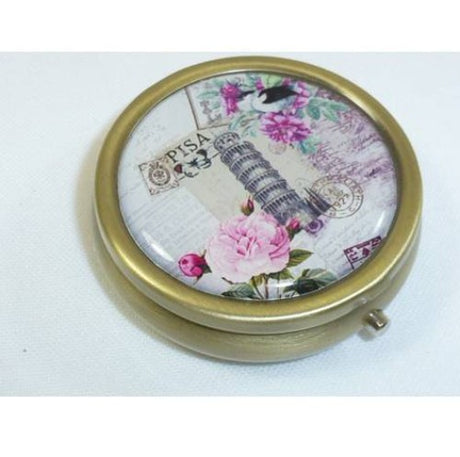 Elegant Round Bronze Pisa Pill Box by Sandra Rich, 5.2cm, stylish and functional for organizing daily medications.