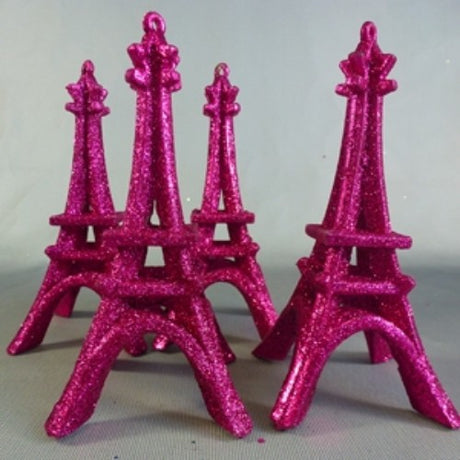 Pink glitter Eiffel Tower ornament, 14.5cm tall, adds elegance and sparkle to holiday decor and festive displays.