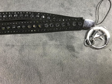 Stylish black lanyard with 1 large and 2 small diamante embellishments, measuring 48cm, perfect for IDs and keys.