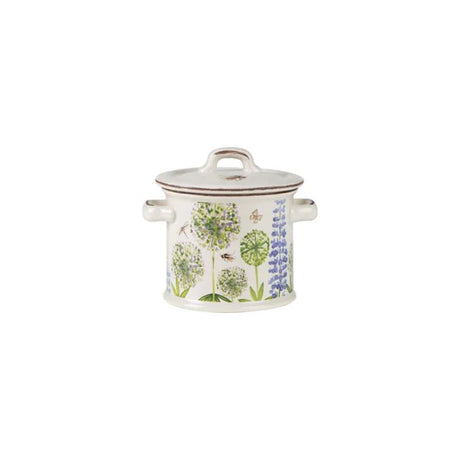 Small glass storage jar with a Cottage Garden Bee design, perfect for organizing spices and snacks.