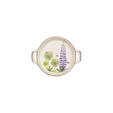 Round ceramic dish with floral design, 128mm diameter, perfect for serving appetizers or desserts elegantly.