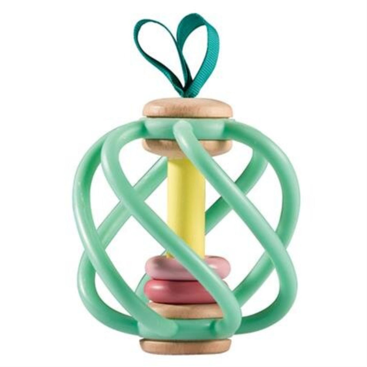 Bright red apple-shaped toy with silicone frame, wooden core, and colorful rattling rings for sensory play and motor skill development.