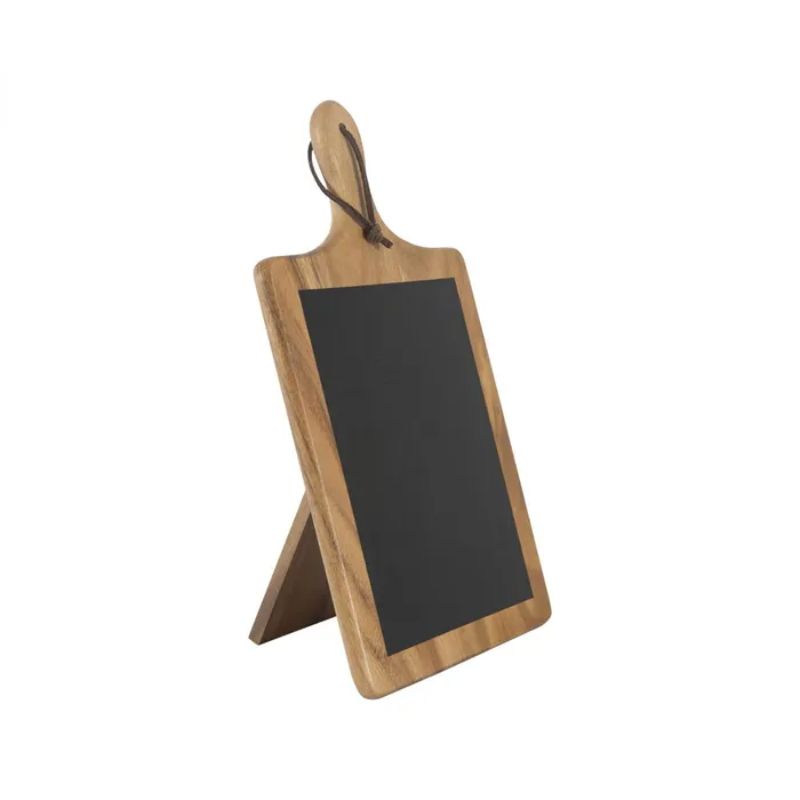 Paddle chalkboard in acacia wood, 220mm x 15mm x 385mm, ideal for notes, menus, and artistic expressions.