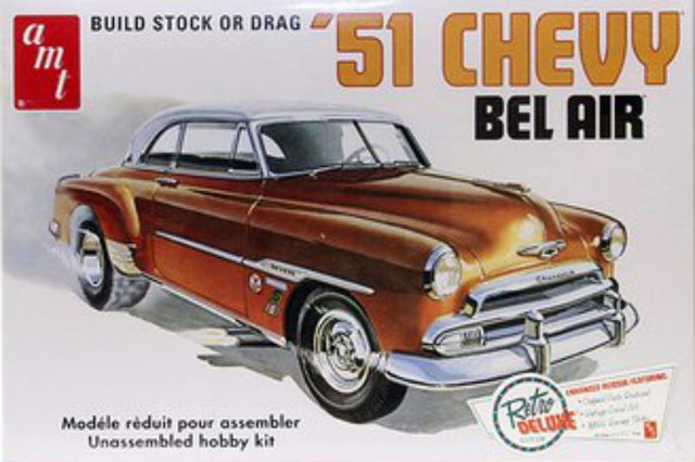 1/25 scale model kit of the classic 1951 Chevrolet Bel Air, perfect for hobbyists and car enthusiasts to assemble and customize.