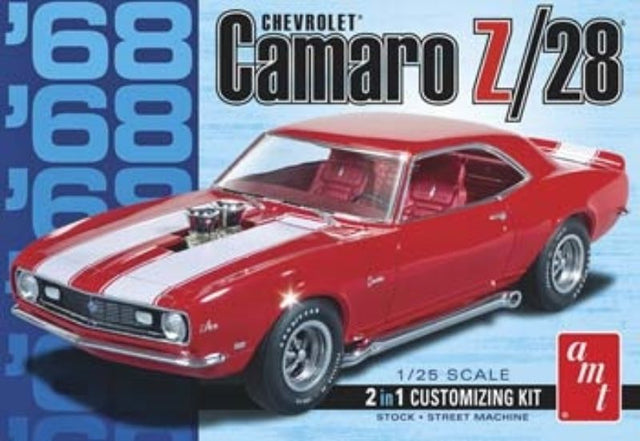 1/25 scale plastic model kit of a 1968 Chevrolet Camaro Z/28, requiring glue and paint for assembly, perfect for car enthusiasts.