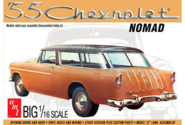 Unassembled 1/16 scale model kit of the iconic 1955 Chevy Nomad Wagon, perfect for creative builders aged 10 and up.