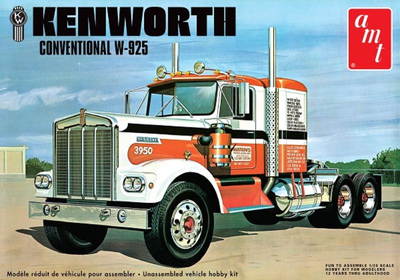 1/25 scale unassembled plastic model kit of the Kenworth W925 truck, ideal for model enthusiasts aged 10 and up.