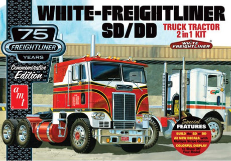 Plastic model kit of a 1/25 scale white Freightliner truck, allowing two build variations for ages 10 and up.