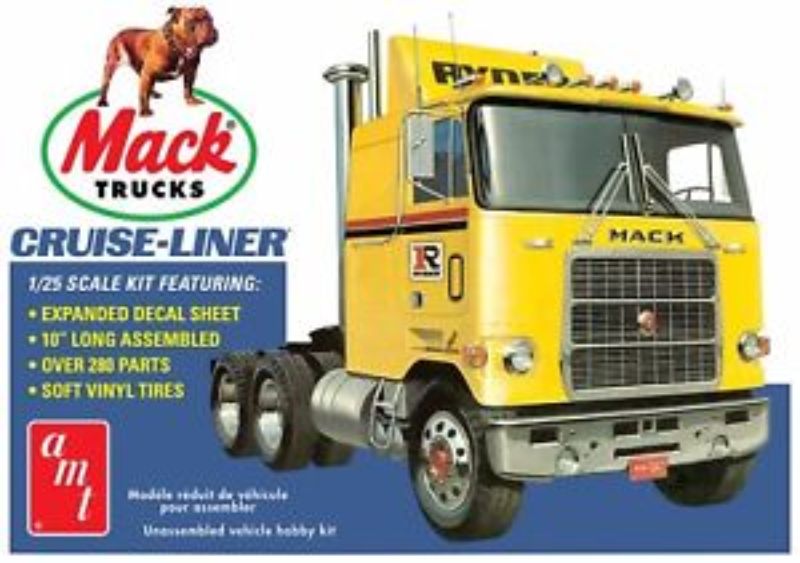 Detailed 1/25 scale plastic model kit of the iconic Mack Cruise Liner Truck, requiring glue and paint for assembly.