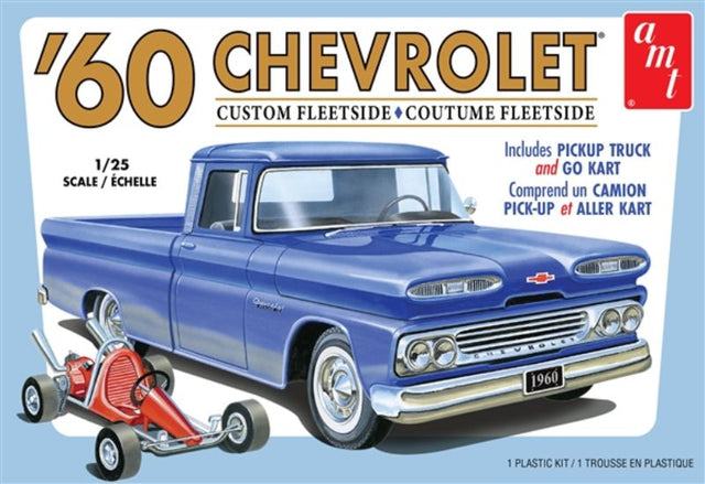 1/25 scale model kit of a 1960 Chevy Fleetside Pickup, ideal for creative builders aged 10+, requires glue and paint.