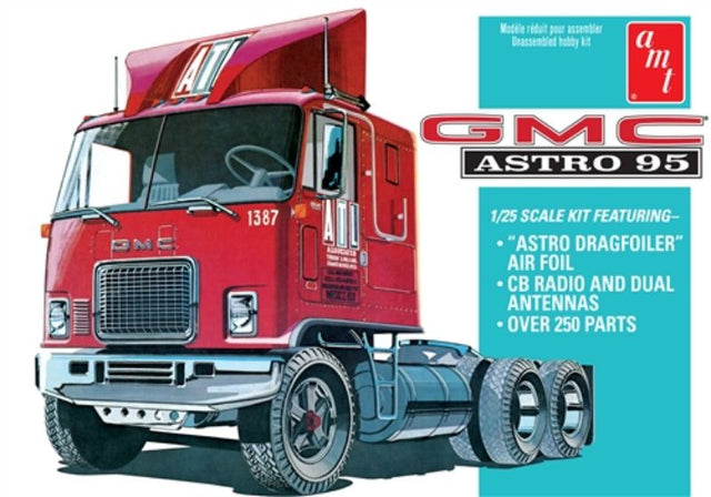 Plastic model kit of the 1/25 GMC Astro 95 Semi Tractor, unassembled and customizable for hobbyists aged 10 and up.