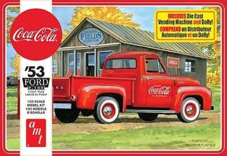 Model kit of a 1/25 scale 1953 Ford Pickup adorned with Coca-Cola branding for hobbyists and collectors.