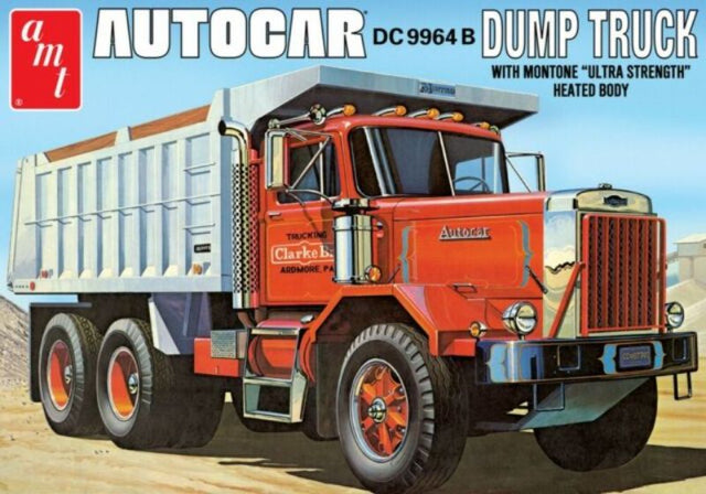 Unassembled 1/25 scale AMT Autocar Dump Truck model kit for creative hobbyists, requiring glue and paint for customization.